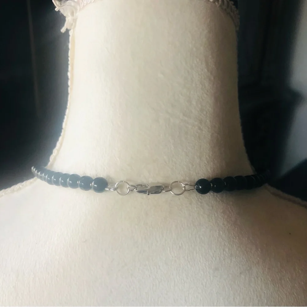 Handcrafted repurpose faceted black crystal pendant Czech glass Pearl necklace